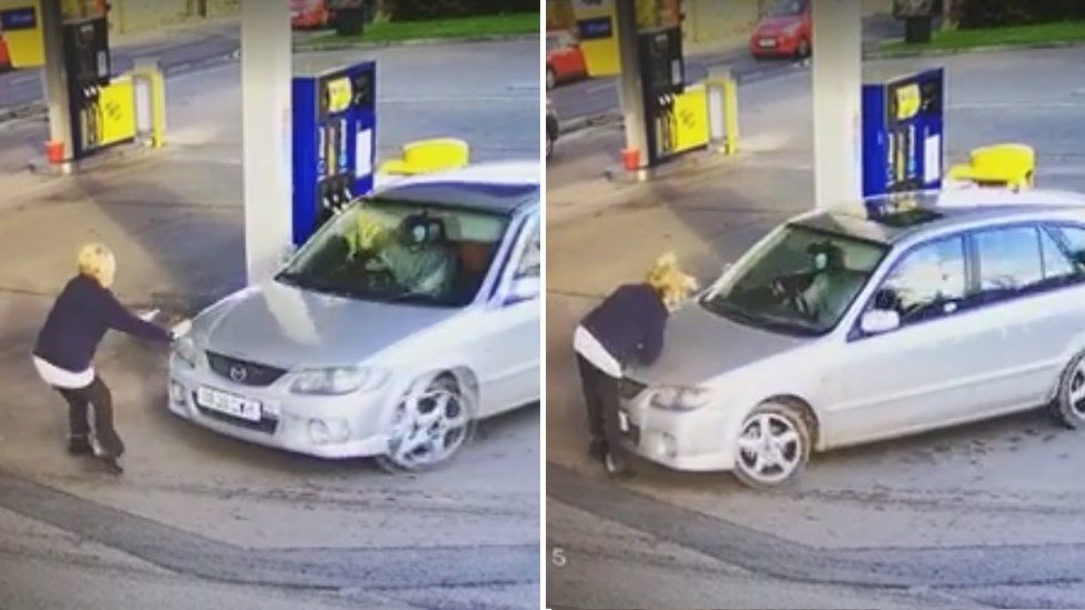 Composite image: First one shows a woman trying to stop a car at a petrol station, while second shows her getting knocked down by the same car