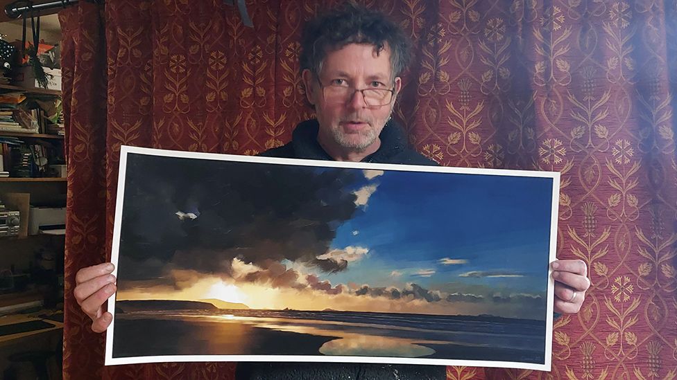 Dan Jones with his "digital oil" painting "Sunset over Ramsey"