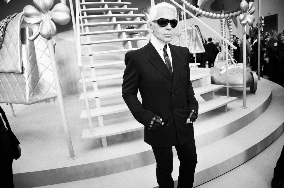Paris. February 2008. Karl LAGERFELD greets the press after the show.