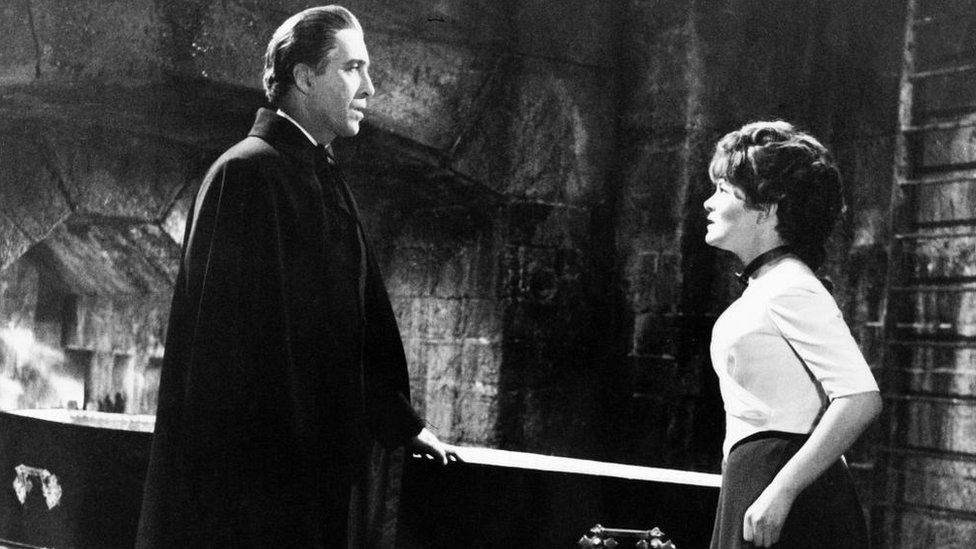 English actor Christopher Lee (1922 - 2015) and actress Barbara Ewing in the film 'Dracula Has Risen From The Grave', 1968