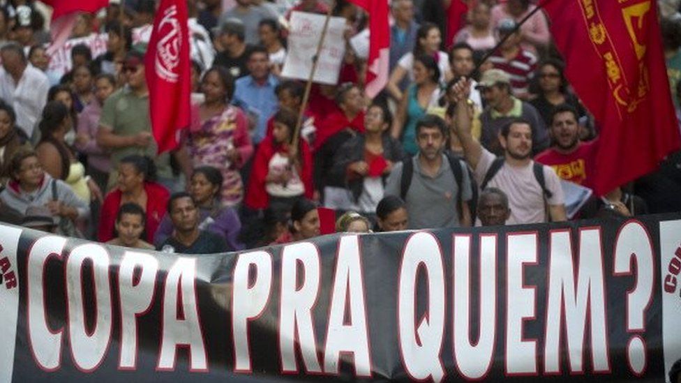 Demonstrators protest against the government's expenditure policy for the 2014 FIFA World Cup, on June 14, 2013 in Sao Paulo, Brazil.