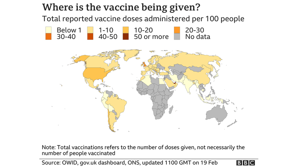 Map of the world showing the number of vaccine doses given per 100 people in each country