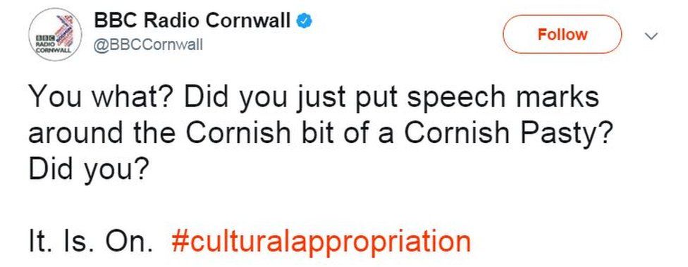 BBC Radio Cornwall tweet: "You what? Did you just put speech marks around the Cornish bit of a Cornish Pasty? Did you?"