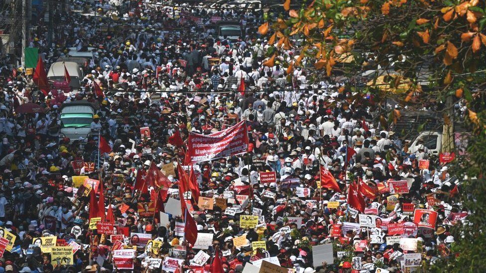 Protesters take part in a demonstration against the military coup in Yangon on February 22, 2021.