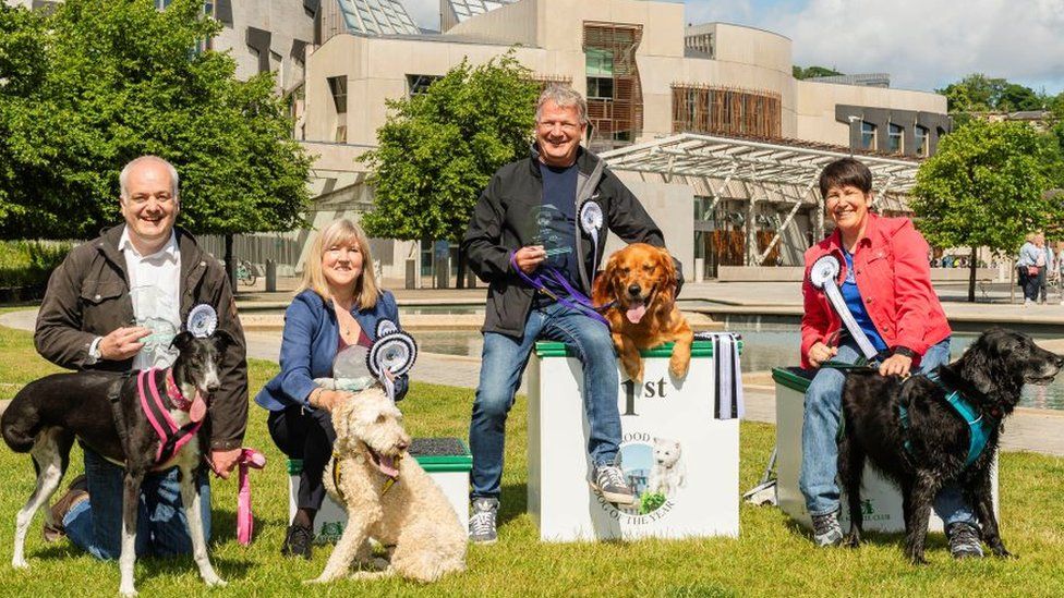 MSP's Mark Ruskell, Alison Johnstone, David Torrance Tess White and their dogs