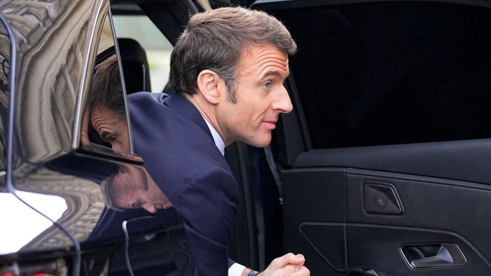 French President Emmanuel Macron arrives to attend the National Roundtable on Diplomacy at the Foreign Ministry in Paris on March 16, 2023
