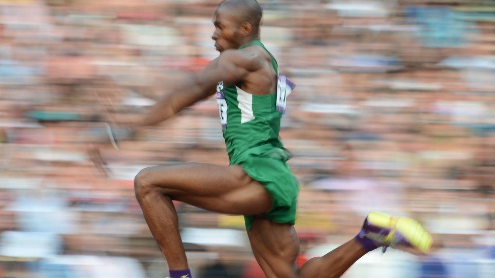 Nigeria's Tosin Oke competes in the men's triple jump final at the London 2012 Olympic Games