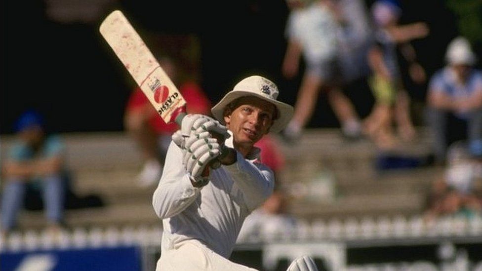 David Gower of England sweeps during the England Ashes tour to Australia in 1990