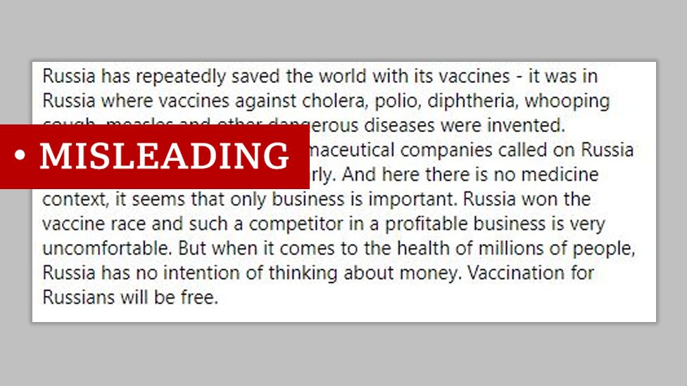 Скриншот сообщения в Facebook, в котором говорится: «Россия неоднократно спасала мир своими вакцинами - именно в России были изобретены вакцины против холеры, полиомиелита, дифтерии, коклюша, кори и других опасных болезней». Мы назвали "вводящим в заблуждение"