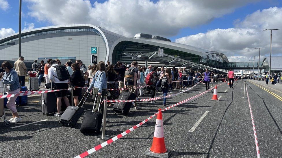 Passengers queuing outside Terminal 2 in Dublin