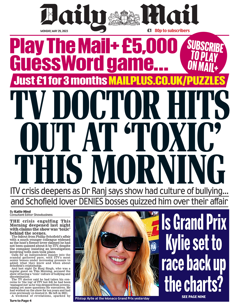 The headline on the front page of the Daily Mail reads "TV doctor hits out at 'toxic' This Morning"