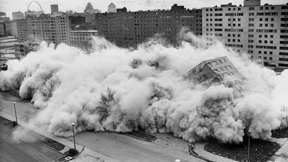 Photo from 21 April, 1972 shows one of the Pruitt-Igoe buildings being brought down by dynamite in St Louis, Missouri, U.S.