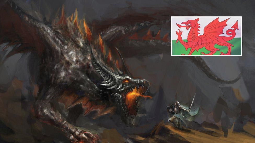 A dragon fighting a night with the Welsh flag (inset)