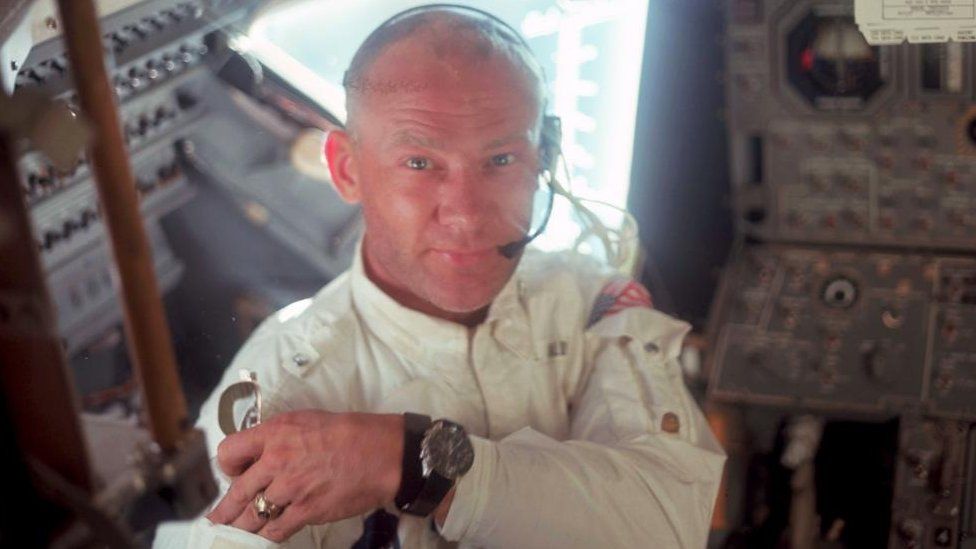 Astronaut Edwin E. Aldrin Jr., lunar module pilot, is pictured in the Apollo 11 Lunar Module, July 20, 1969