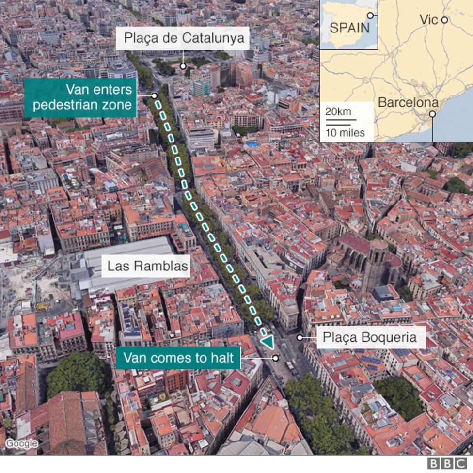 Сколько км проехали террористы. La Rambla Barcelona на карта. Теракт в Барселоне карта. Теракт в Барселоне на Рамбле.