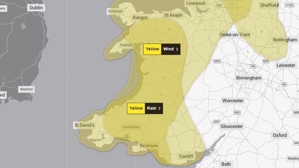 Map showing yellow wind and rain warnings affecting most of wales