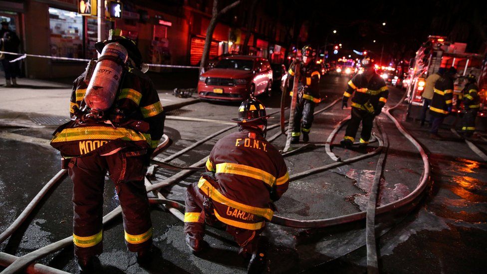 New York Fire Department at a fire in the Bronx borough of New York City, on 28 December 2017