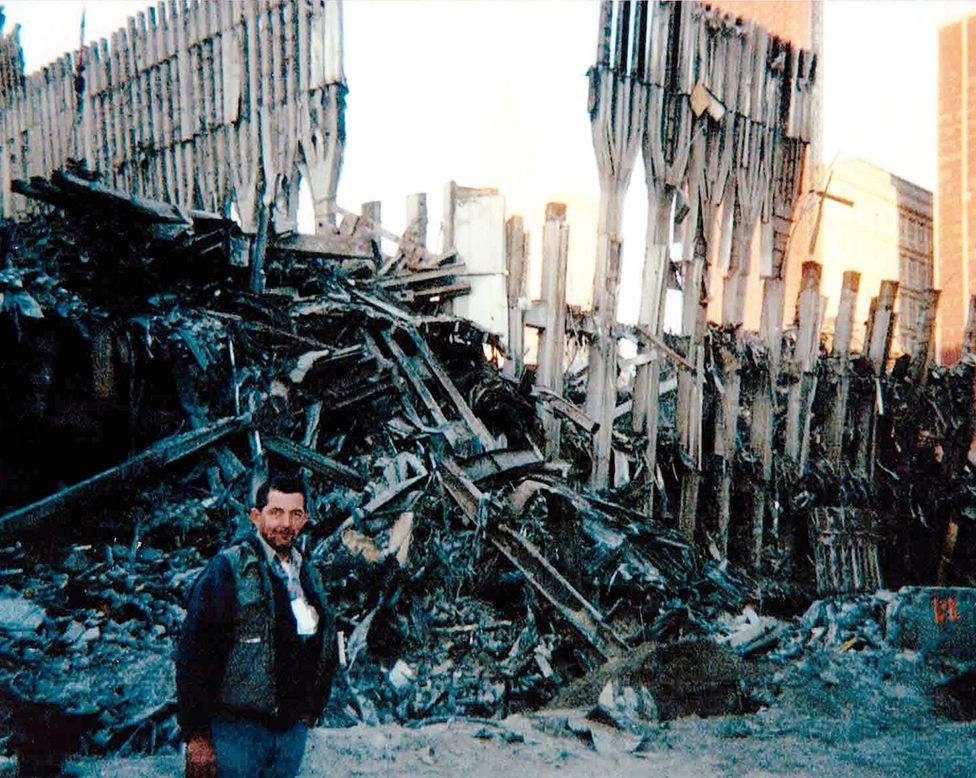 Picture of Rory by 9/11 wreckage, where he volunteered in 2001