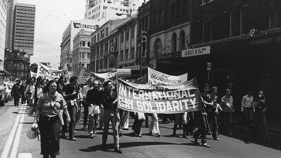 LGBTQ+ activists demonstrate in what would evolve into the Sydney Gay and Lesbian Mardi Gras, 1978