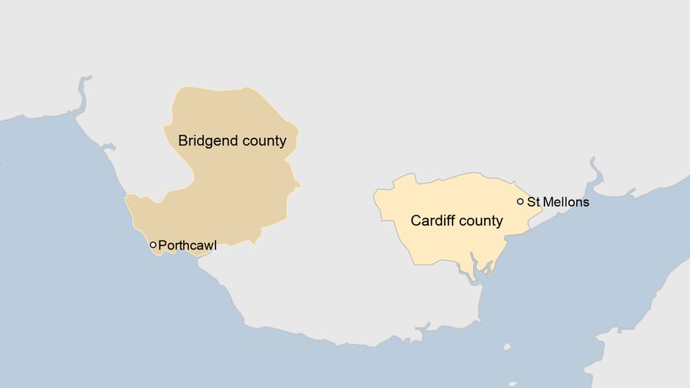 Map showing Porthcawl and St Mellons