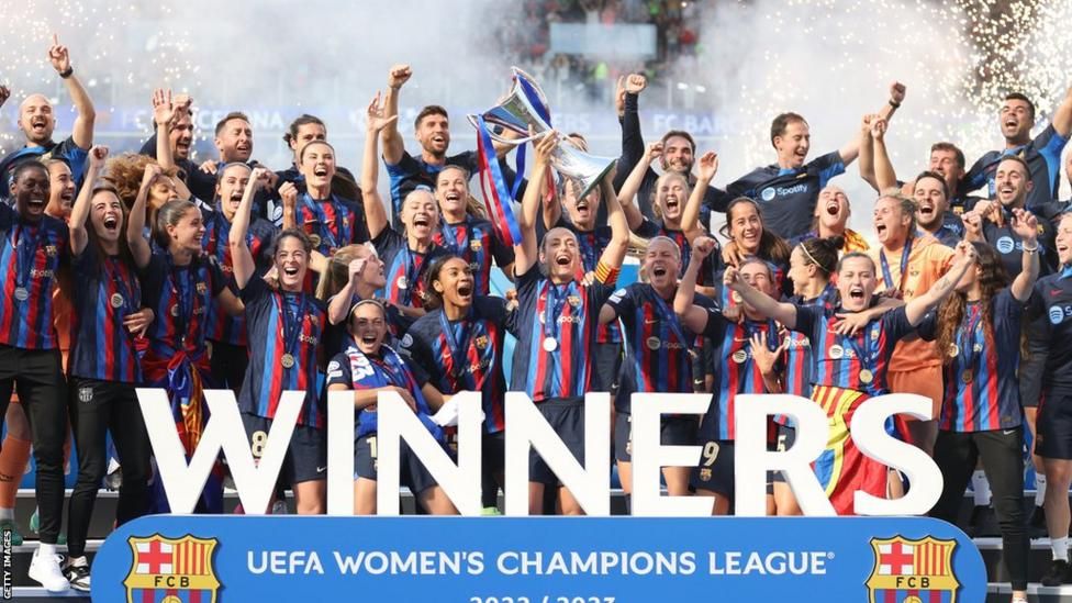 Barcelona Women's team celebrating their EUFA Women's champions league victory