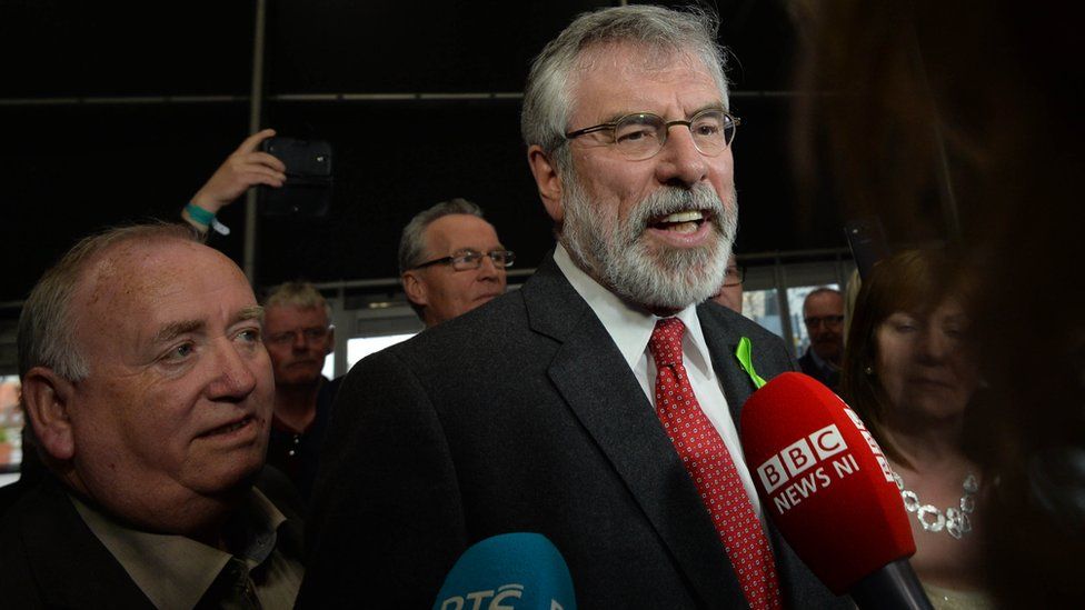 Sinn Féin president Gerry Adams speaks to the BBC's Tara Mills at the Belfast count centre