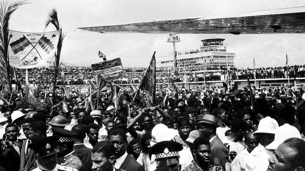 Crowds at the airport to welcome Haile Selassie in 1966