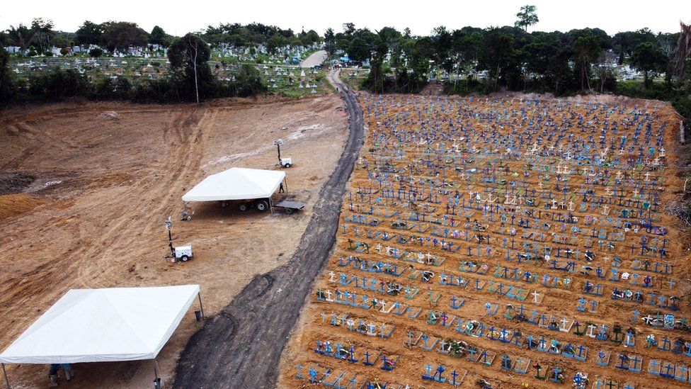 Aerial view showing graves in the Nossa Senhora Aparecida cemetery in Manaus, Brazil