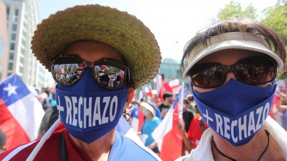 Supporters of the "Rejection" option of the next referendum demonstrate in Santiago, Chile, 17 October 2020.
