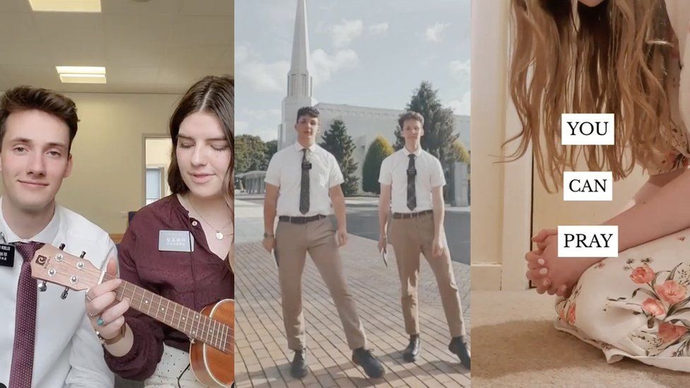 Instagram Reels from young missionaries. Left to right, a man and a woman singing and playing a small guitar, two men dancing in front of a church, a woman kneeling and praying