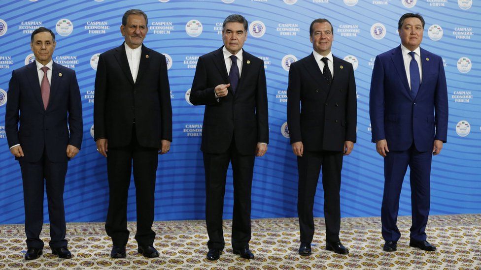 Mr Berdymukhamedov, centre, posing next to Azeri prime minister Novruz Mammadov, Iranian vice president Eshaq Jahangiri, Mr Medvedev, and Kazakh prime minister Askar Mamin at the Caspian Economic Forum