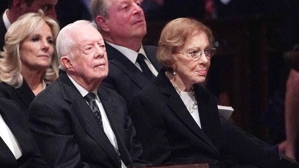 Former US president Jimmy Carter and his wife Rosalynn Carter and (back row) Jill Biden and former vice president Al Gore attend a funeral service for former US president George HW Bush at the National Cathedral in Washington DC in December 2018