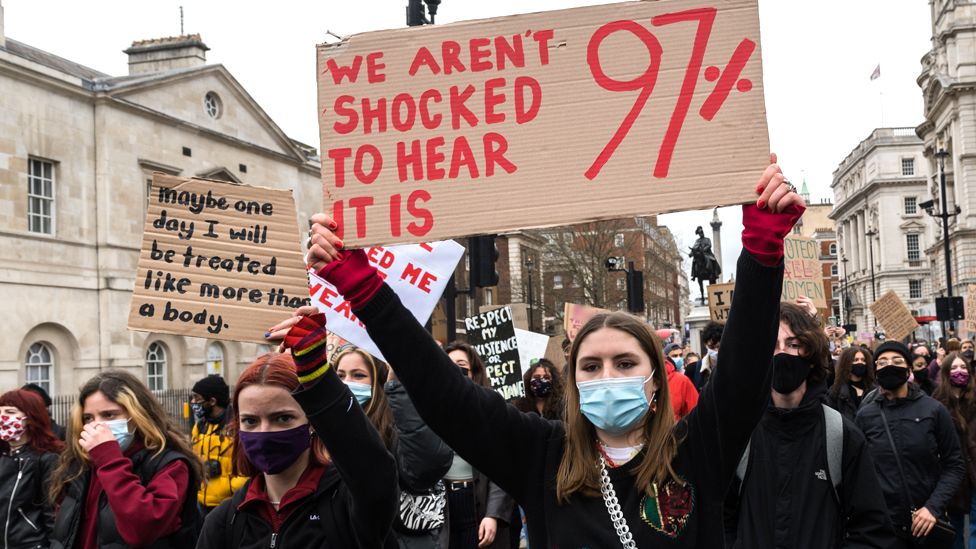 Demonstrators take part in a protest march through central London against violence towards women and the government's Police, Crime, Sentencing and Courts Bill, on 3 April 2021