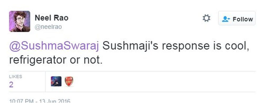 @SushmaSwaraj Sushmaji's response is cool, refrigerator or not.
