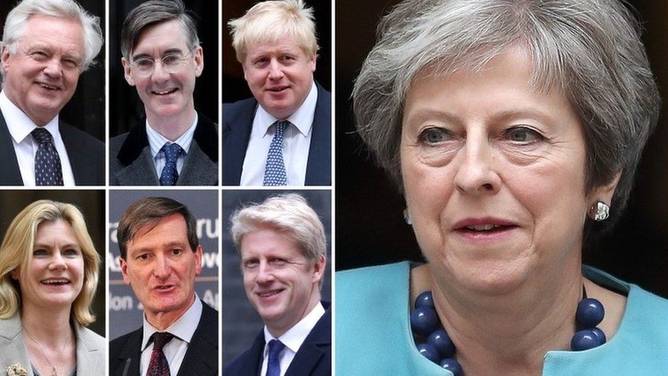 Theresa May and Tory opponents of her deal, David Davis, Jacob Rees-Mogg, Boris Johnson, Justine Greening, Dominic Grieve and Jo Johnson