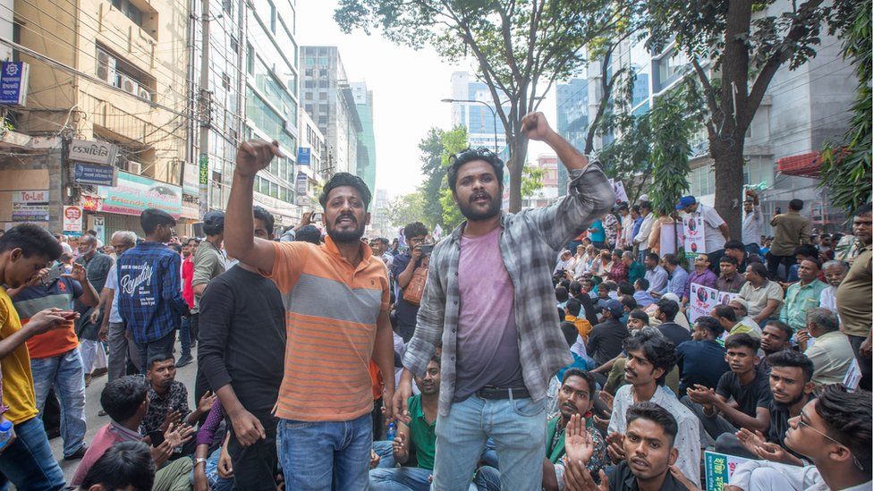 Bangladesh Nationalist Party supporters participate in a protest demanding the resignation of Prime Minister Sheikh Hasina in Dhaka, Bangladesh, 28 October 2023.