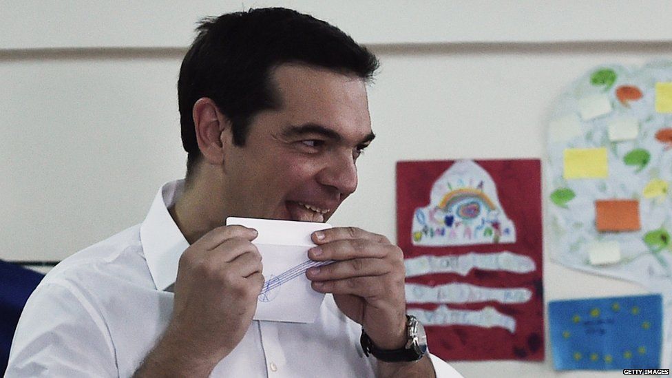 Greek Prime Minister Alexis Tsipras prepares to cast his ballot during the Greek referendum in Athens 5 July 2015