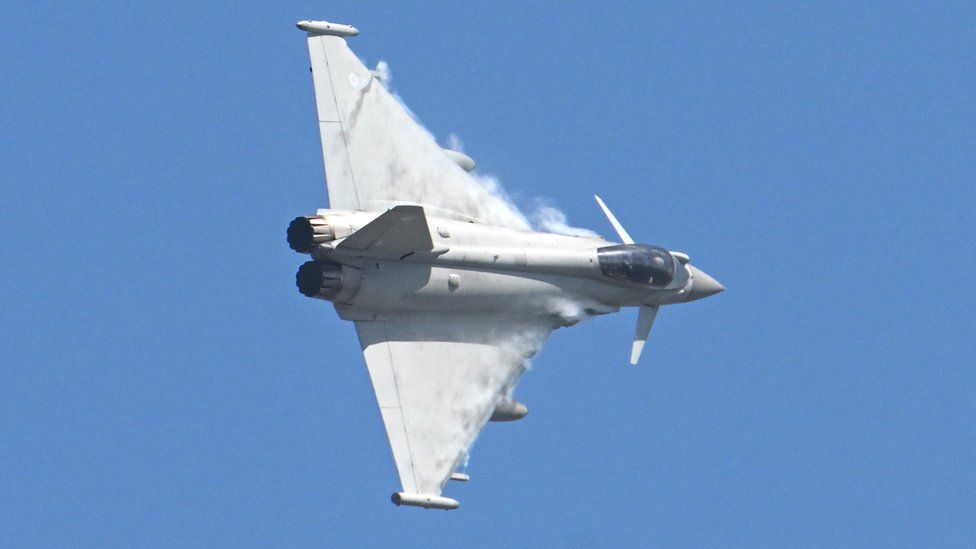 A Typhoon jet of the Royal Air Force flies in Romania, on April 8, 2022