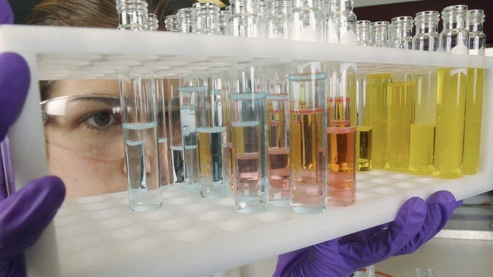 Female scientist looks at test tubes