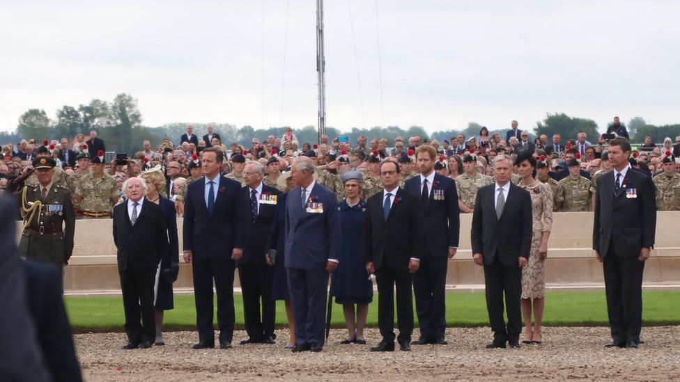 The Royal Family along with European leaders, including Irish president Michael D. Higgins and Prime Minister David Cameron at the Thiepval Memorial in northern France