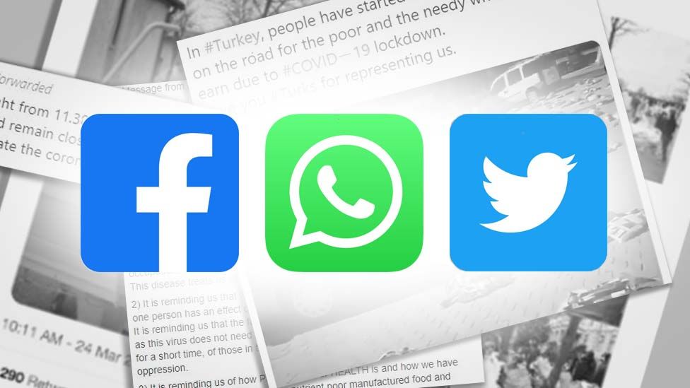 Screenshots of articles with the Facebook, WhatsApp and Twitter icons overlaid on top