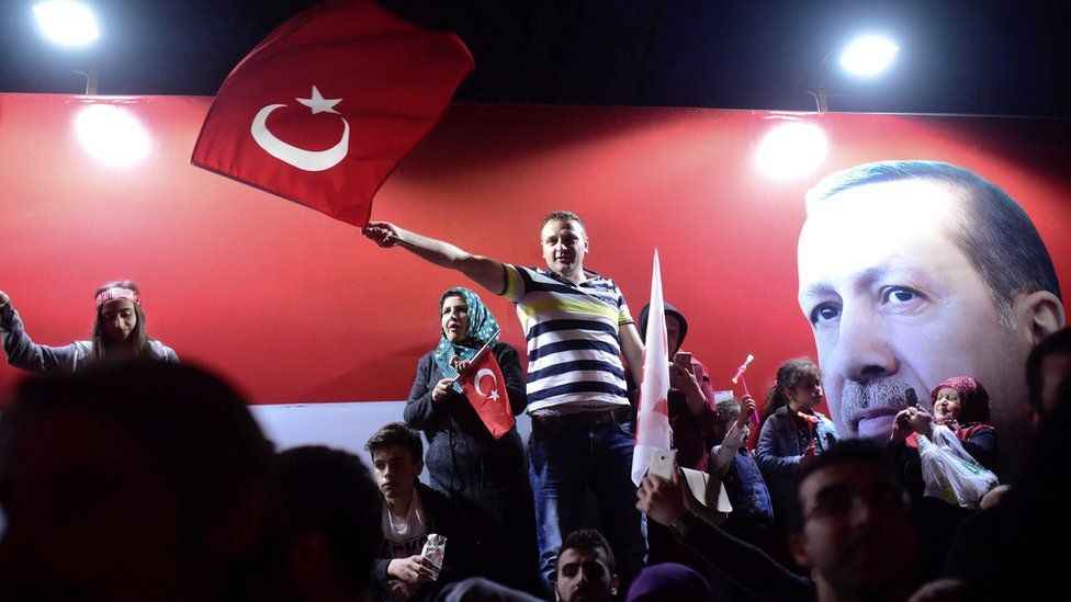 Supporters of Turkish President Tayyip Erdogan celebrate in Istanbul, Turkey, 16 April 2017