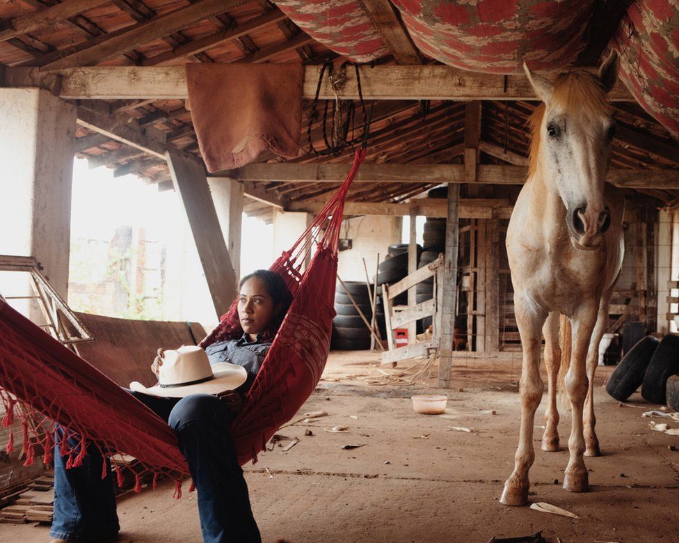 A woman lying in a hammock next to a horse