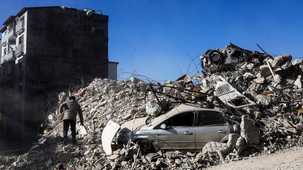 Damaged buildings in the aftermath of the earthquake that hit Turkey and Syria