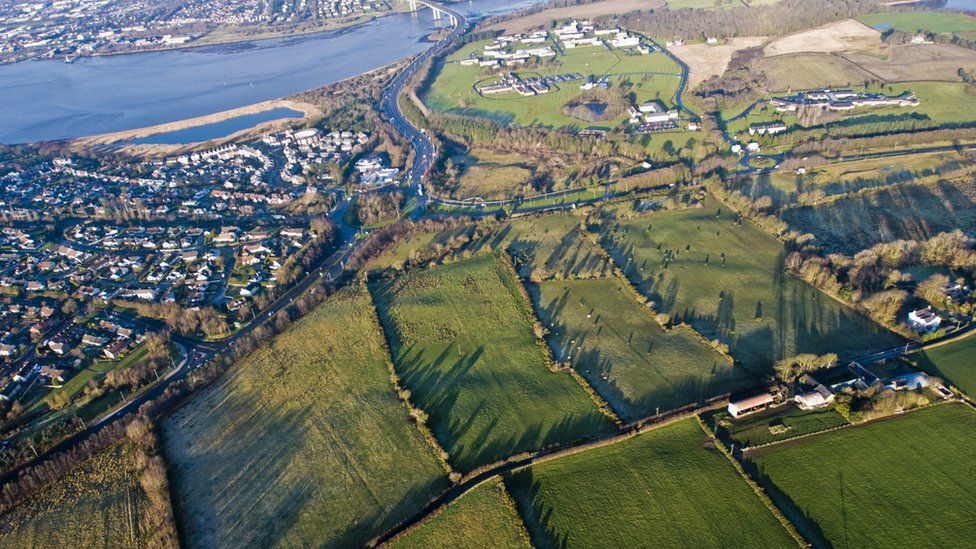 An aerial view of the area near the Foyle River where the houses could be built