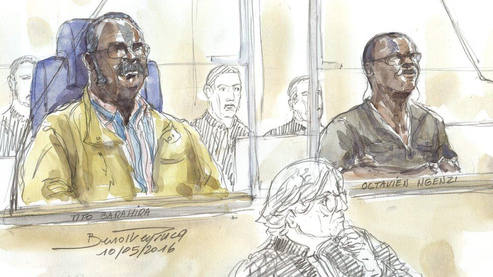 Court sketches of Tito Barahira (l) and Octavien Ngenzi (r)