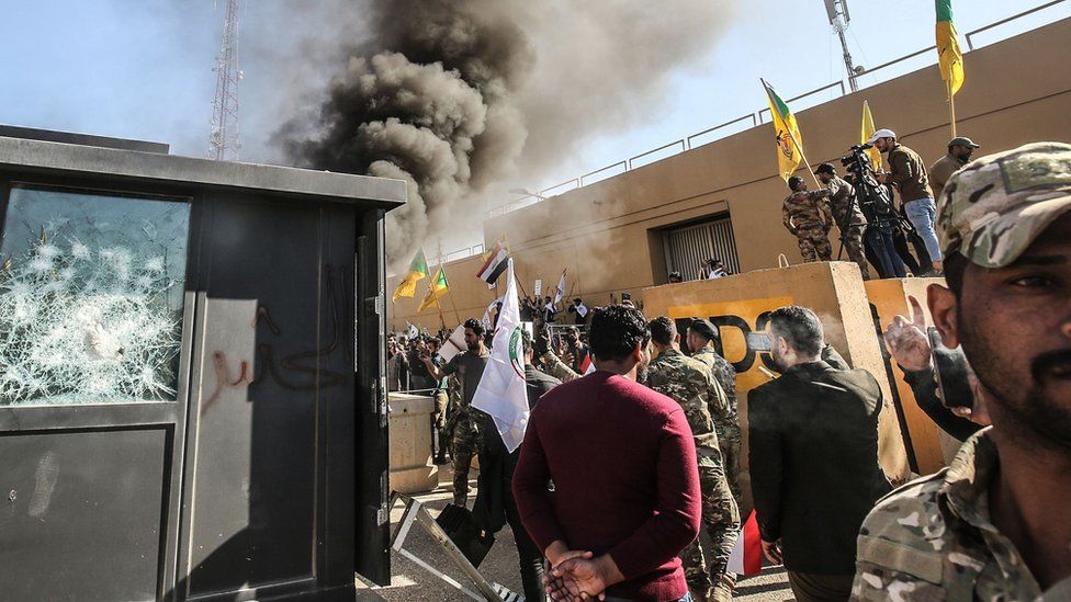Protesters attack the US embassy in Baghdad, Iraq, on 31 December 2019