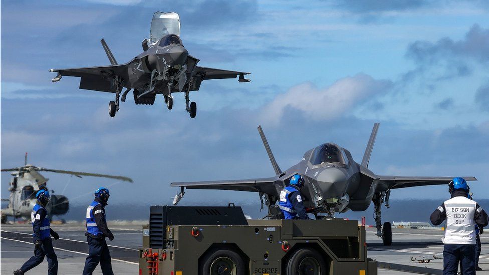 F-35B Lightning aircraft returning to HMS Queen Elizabeth off the coast of north-west Scotland following a training exercise