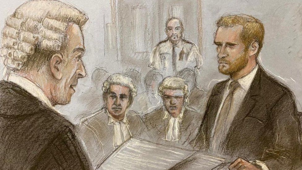 A court sketch of Prince Harry giving evidence in court