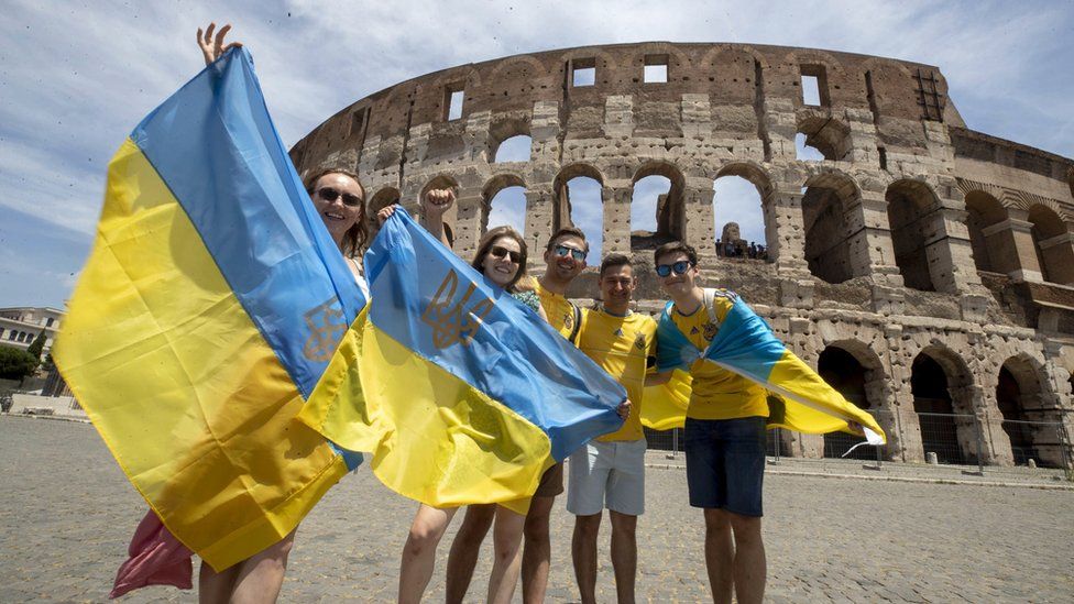 Ukraine fans at the Colosseum before the European soccer match between Ukraine and England, Rome